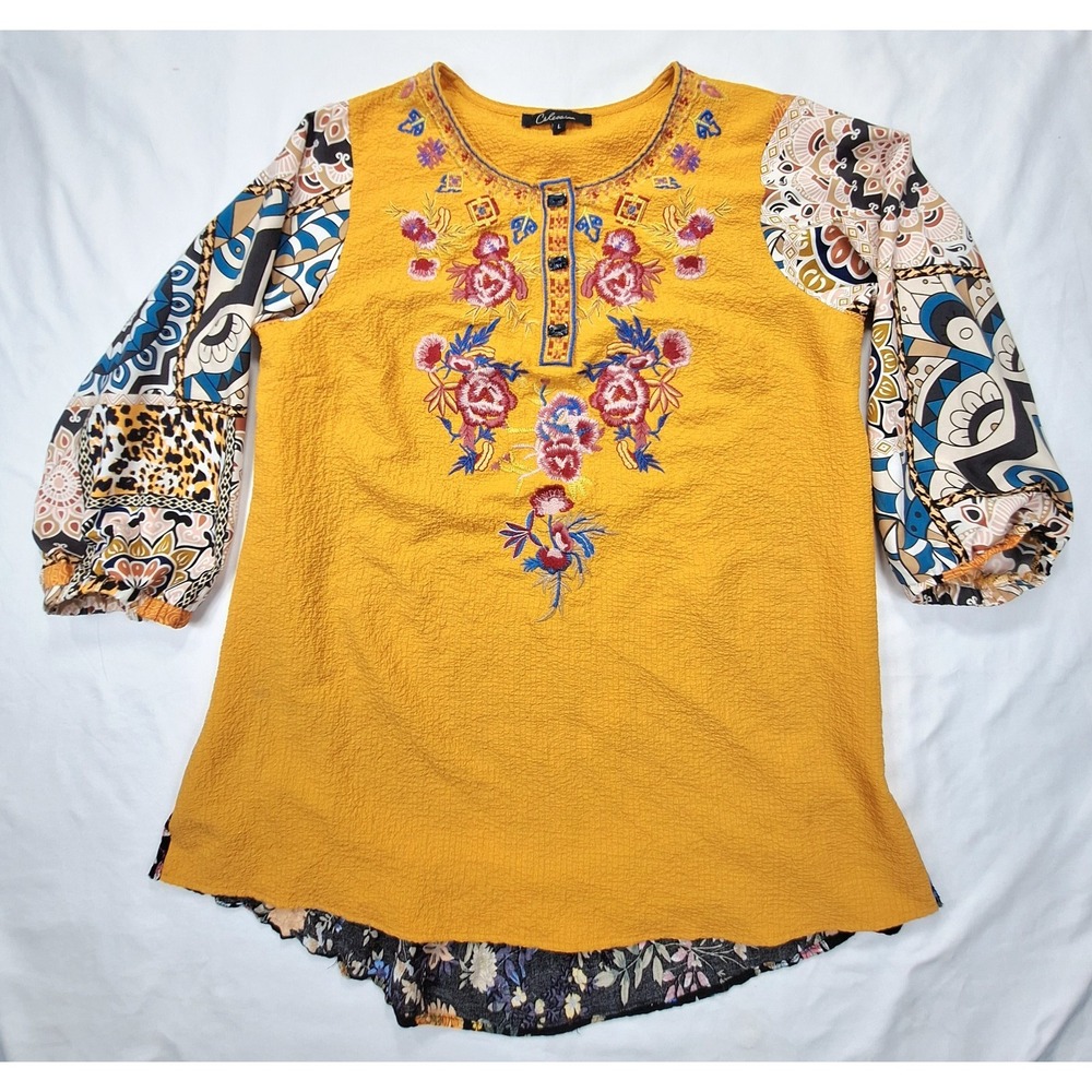 Caleoas Mustard Yellow Embroidered Mixed Media Boho Tunic‎ Top Floral Large
